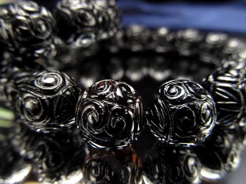 【5日23:59までポイント5倍】【黒水晶 マニコロ彫刻ブレスレット】12mm-12.5mm×17珠前後 天然チベット マニ車モチーフ チベット密教法具【チベッ...