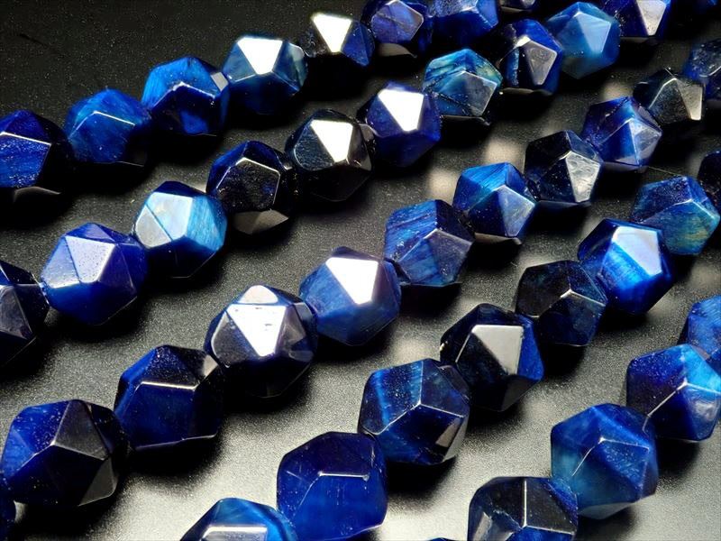 【約7.5mm-8mm珠 ディープブルーカラー タイガーアイ カット 連】一連 約38-40cm ...