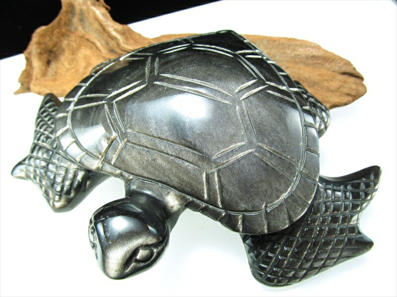 シラーたっぷり【シルバーオブシディアン(黒曜石) 亀 彫刻 置物】最大幅約157mm 健康と長寿の象徴!レアなシルバーシラー 災いを退ける魔除け【メキシコ産】 ...