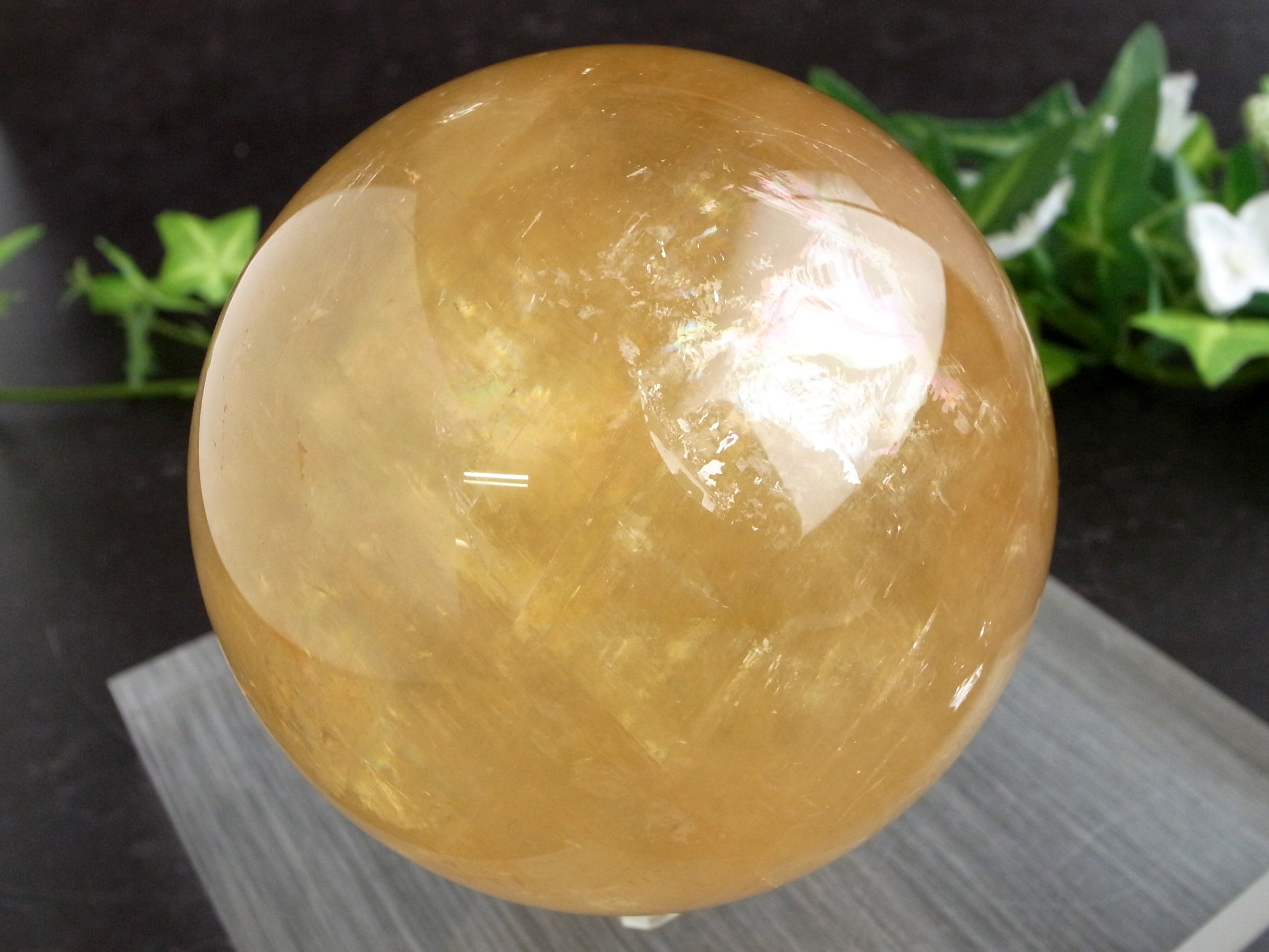 ●別格！透明 4A 虹入り！ ディープゴールデン カルサイト 丸玉 台座付 ...