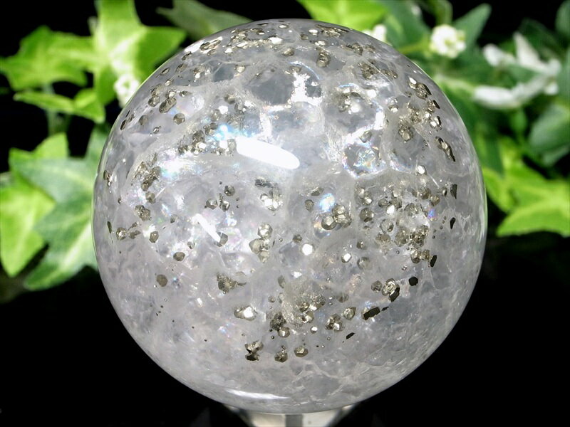 激レア【パイライトインフローライト 丸玉 台座付】直径約56mm 重さ約287g 天才の石 整然と並ぶパイライト 一点物【蛍石】【アメリカ合衆国イリノイ州産】 ...