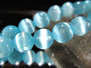 【18日23:59までポイント2倍】抜群のキャッツアイ効果【約8.5mm珠 ターコイズブルーカラー キャッツアイ セレナイト(透石膏) 】約36cm-38cm 一連 シルクのような繊維質 天然ジプサム サティンスパーキャッツアイ【メキシコ産】