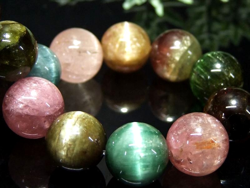 4A+【キャッツアイ MIXトルマリン ブレスレット】11mm-12mm×17珠 シックなマルチカラー 幸運・健康を引き寄せる石 極上宝石質グレード 1点物 (...