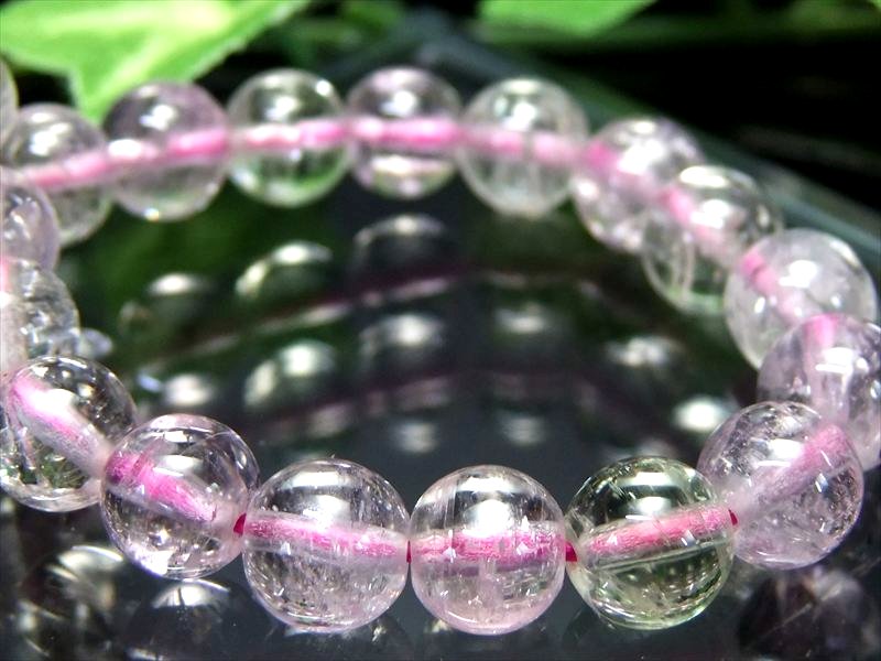 【18日23:59までポイント2倍】5A【クンツァイト ブレスレット】7mm-7.5mm×26珠 きらりと目を引くキャッツアイ効果の珠も キラキラ反射 リチア輝石 一点物【ブラジル産】【bl-】