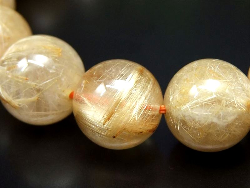 ●束状タイチン針多め 4A【タイチン ゴールドルチル ブレスレット】12mm-13mm×17珠 ギラギラゴールド 金運の代表石 一点もの 【ブラジル産】【bl-...