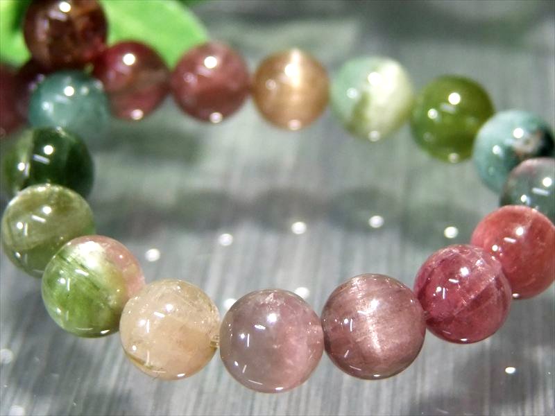 ツートン珠有り 4A+【キャッツアイ MIXトルマリン ブレスレット】7mm-7.5mm×28珠 ポップなパステルカラー 幸運・健康を引き寄せる石 極上宝石質グレード 1点物 (電気石)【アフガニスタン産】 パワーストーン 天然石