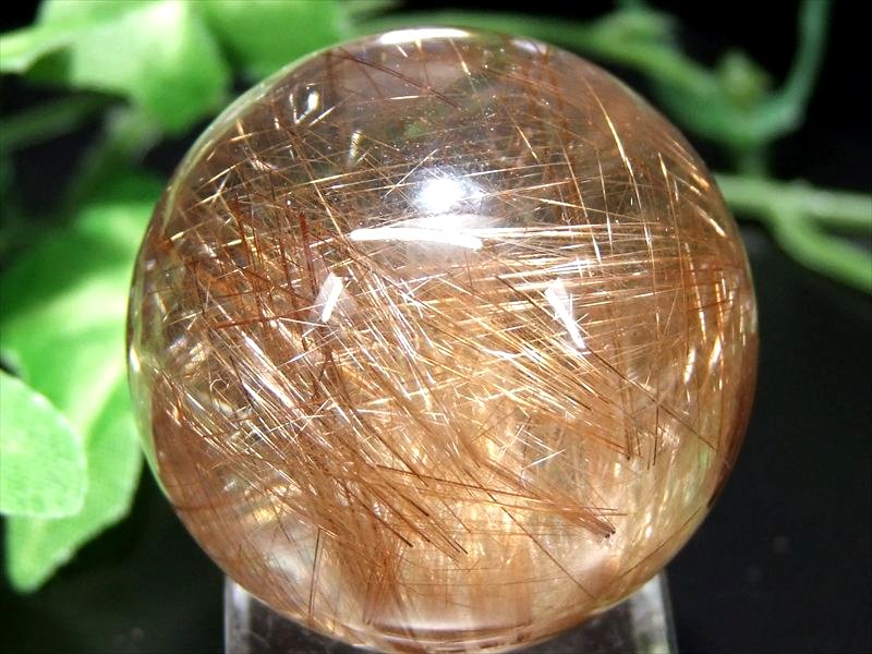 5A 束状 オレンジタイガータイチンルチル 水晶 丸玉 K9台座付き φ32mm 5...