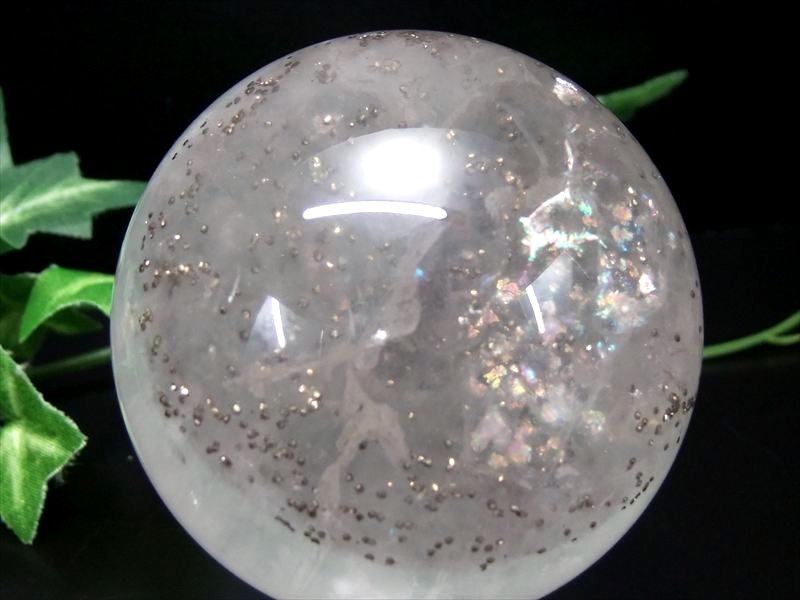 Flourite - 激レア・虹入り【パイライトインフローライト 丸玉 台座付】直径約60.6mm 重さ約371g 天才の石 整然と並ぶパイライト 一点物【蛍石】【アメリカ合衆国イリノイ州産】 パワーストーン 天然石