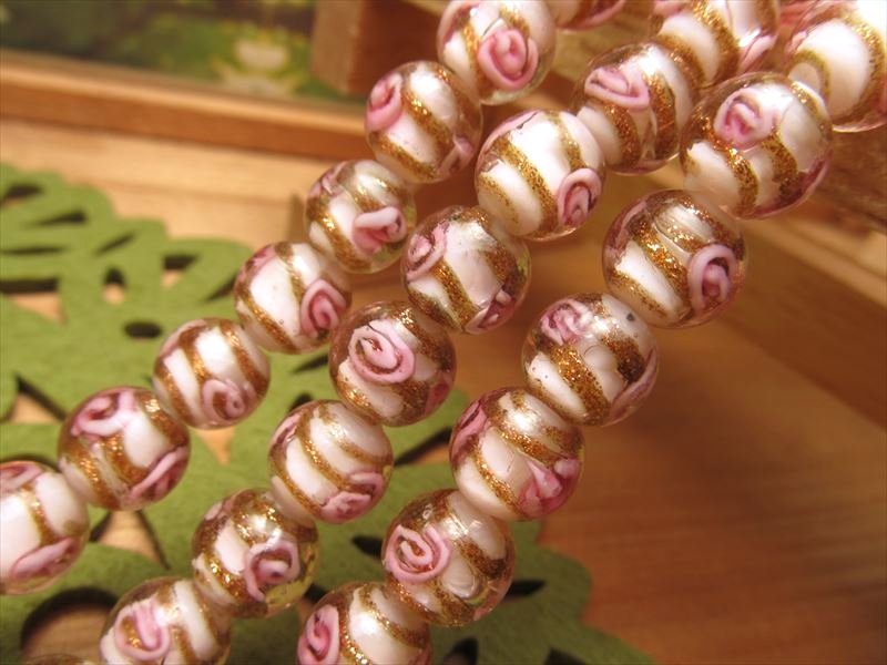 【30日23:59までポイント5倍】●【トンボ玉(とんぼ玉) 金彩ローズタイプB ラウンド型 10mm】一連 約33cm 約35珠 昔ながらの人工ビーズ 激安 ビーズ【rn-p】 パワーストーン 天然石