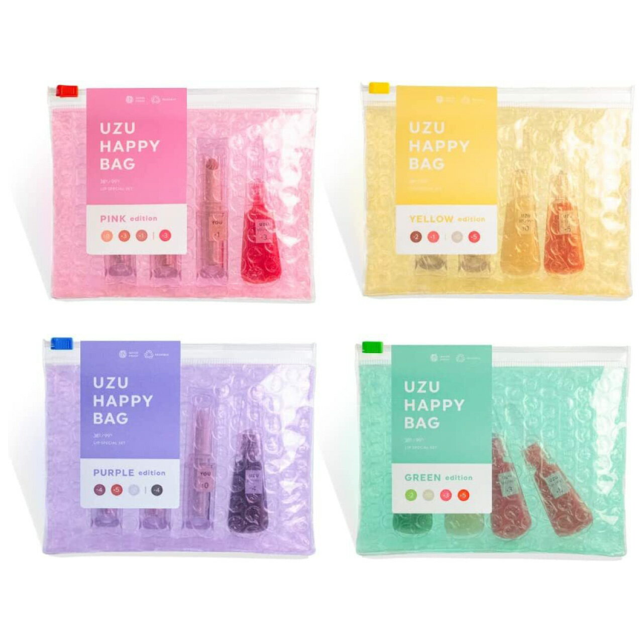 UZU ハッピーバッグ UZU BY FLOWFUSHI HAPPY BAG リップ リップシリーズ 美肌菌 乳酸菌 無香料 乾燥肌 敏感肌 38°C 99°F デイリーユース ピンクエディション イエローエディション パープルエディション グリーンエディション リップケア パラベンフリー