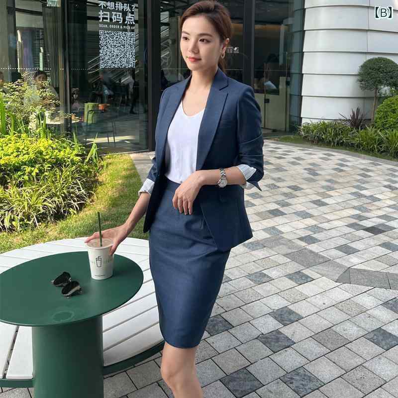 シンプル 女性 スーツ ブルー グレーの プロな 小さい スーツ アウター 女性用 春秋 夏 小さくて スリム 韓国 で エレガント お姫様 風