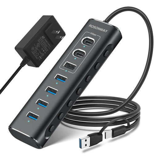 ROSONWAY USB ハブ10Gbps 7ポートUSB C 3.2x2 USB A 3.2x1 USB 3.0x4 2 in 1 ケーブル 付き アルミ製 USB HUB セルフパワーとバスパワー両用 12V 2A 電源 独立スイッチ付き(RSH-A ROSONWAY USB ハブ10Gbps 7ポートUSB C 3.2x2 USB A 3.2x1 USB 3.0x4 2 in 1 ケーブル 付き アルミ製 USB HUB セルフパワーとバスパワー両用 12V 2A 電源 独立スイッチ付き(RSH-A