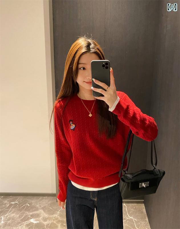 ハイエンド女性用トップス羊毛刺繍編みカーディガン華やかな赤色の麻糸ニットセーターコート。