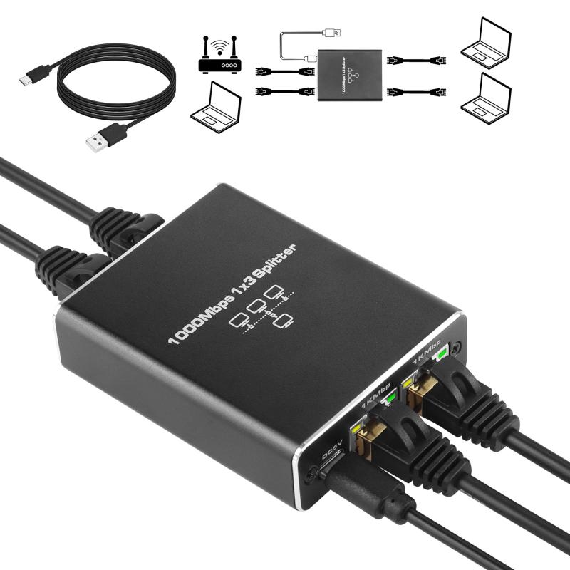 SinLoon イーサネットタップ 1 ~ 3、1000/100Mbps イーサネット スイッチ 3 ポート ギガビット ネットワーク スイッチ ネットワーク タップ USB 電源コード付き コンピューター、ハブ、スイッチ、