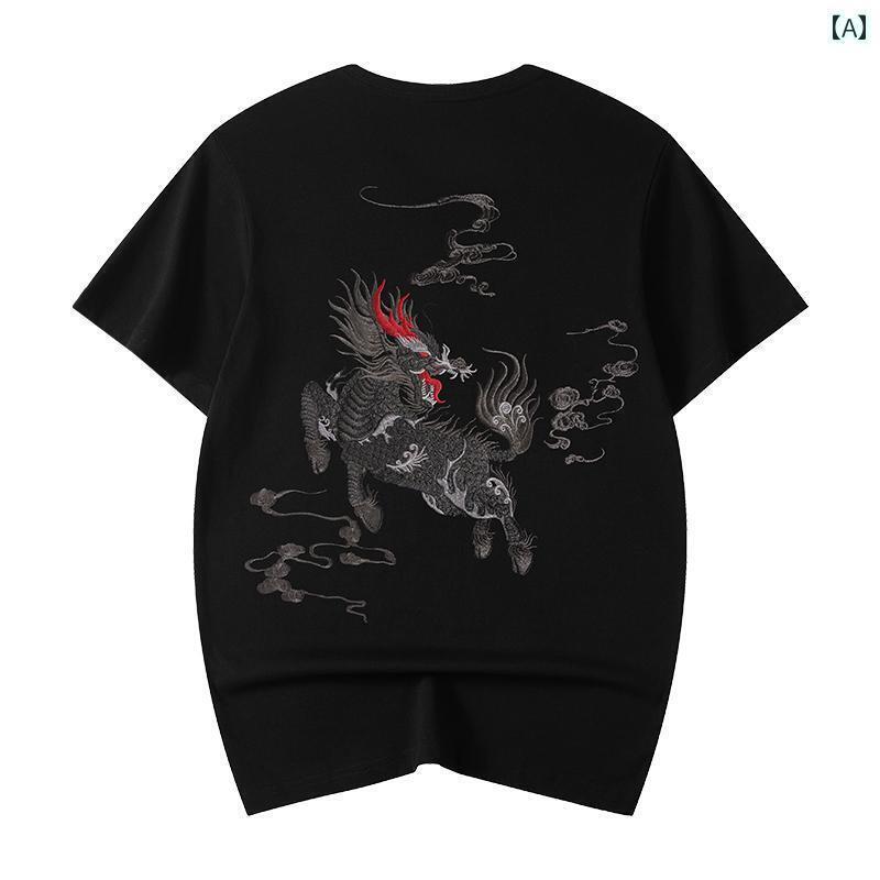 刺繍 メンズ レディース 国風漢服風の刺繍入りTシャツは男性向けゆったりとした大きめサイズで重厚なコットン素材を使用しており夏にのな半袖です。