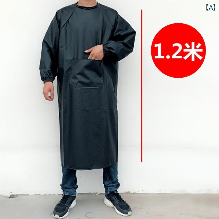 成人用のPUレザー皮防水撥油エプロン。メンズ厚手長袖反転着用エプロン。レディースウエストゴム入りバックル付きエプロン。