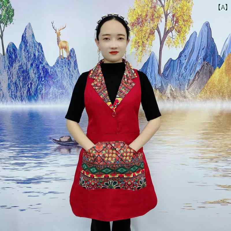 エプロン かわいい レディース 1819年のエスニック調の襟付きベスト花柄がおしゃれなキッチンエプロン..