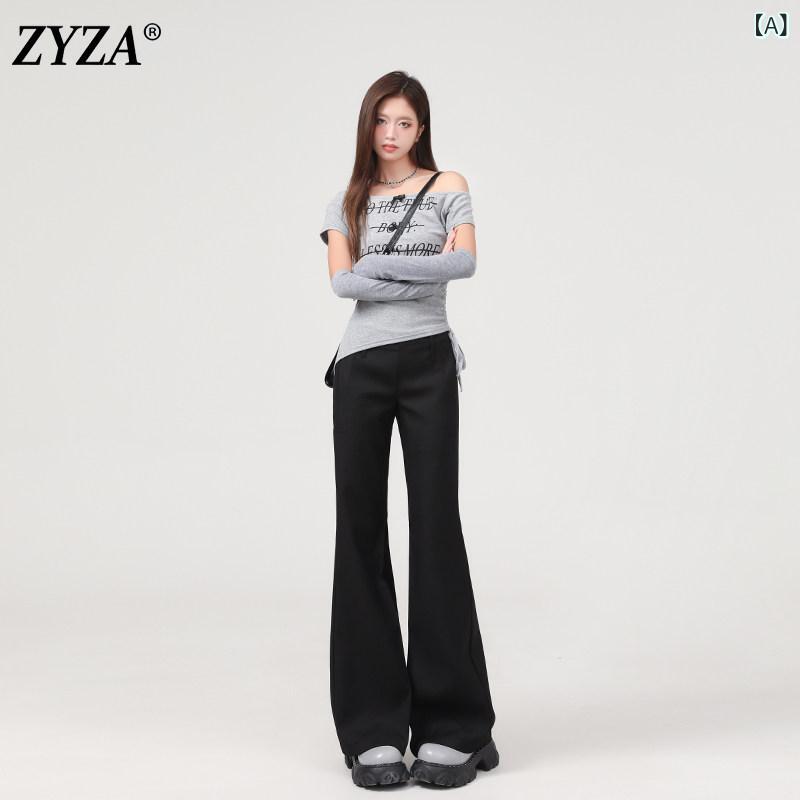 カジュアル フレア パンツ ZYZA ブラック カジュアル パンツ レディース ローウエスト 裏起毛 スーツ 2024 冬 フレアパンツ やや フレア ホース シュー