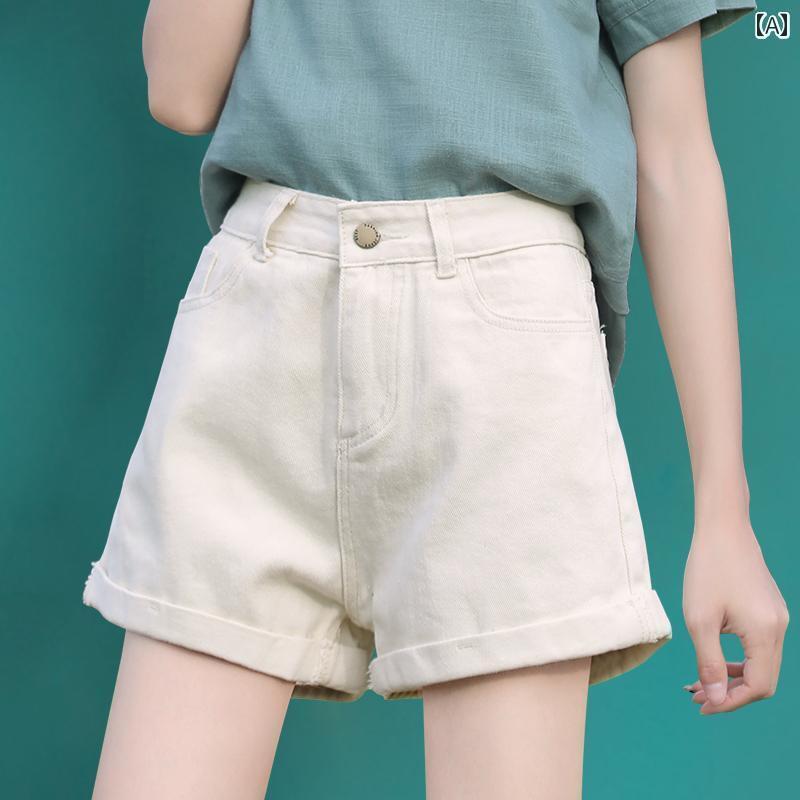 ショート ハーフ パンツ オフ ホワイト デニム ショート パンツ レディース 夏の 薄手 ハイウエスト スリム a ライン ワイド レッグ ホット