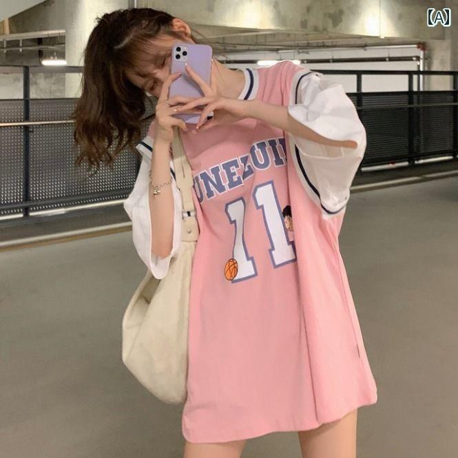 バスケスタイル レディース フェイク ツーピース バスケットボール ユニフォーム Tシャツ レディース ..