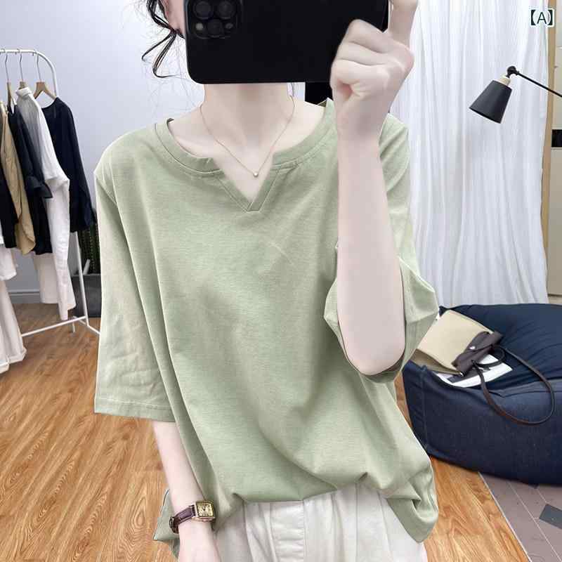 涼しい トップス レディース 綿小 Vネック ゆったり 半袖 Tシャツ 女性 ファッション 年齢を 減らす トップス 2025 レトロ