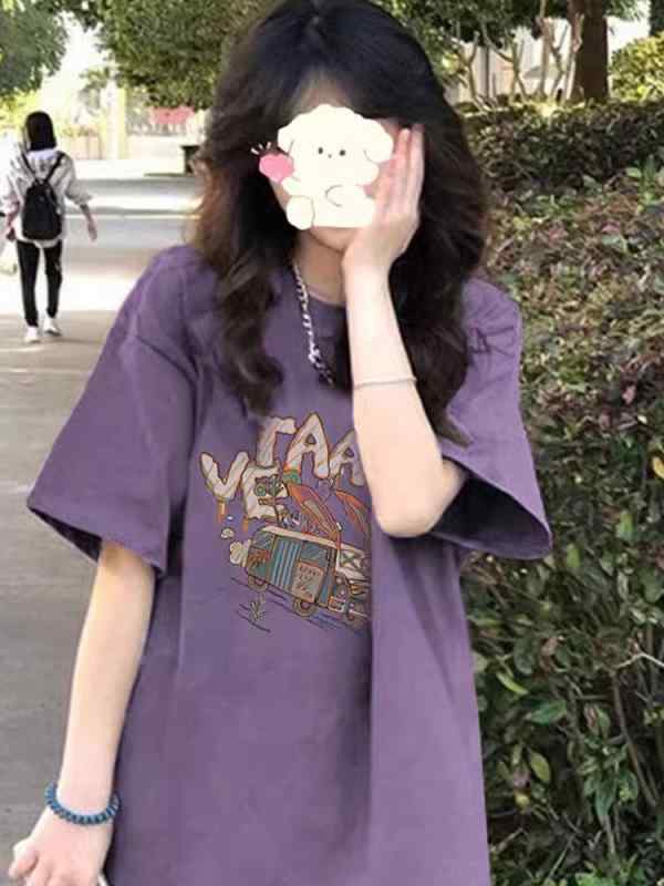 Tシャツ レディース 半袖 トップス カットソー 綿 コットン パープル 紫色 ゆったり オーバーサイズ ビッグシルエット クルーネック ラウンドネック 無地 シンプル カジュアル おしゃれ きれいめ 体型カバー 着痩せ 細見え プラスサイズ 大きいサイ