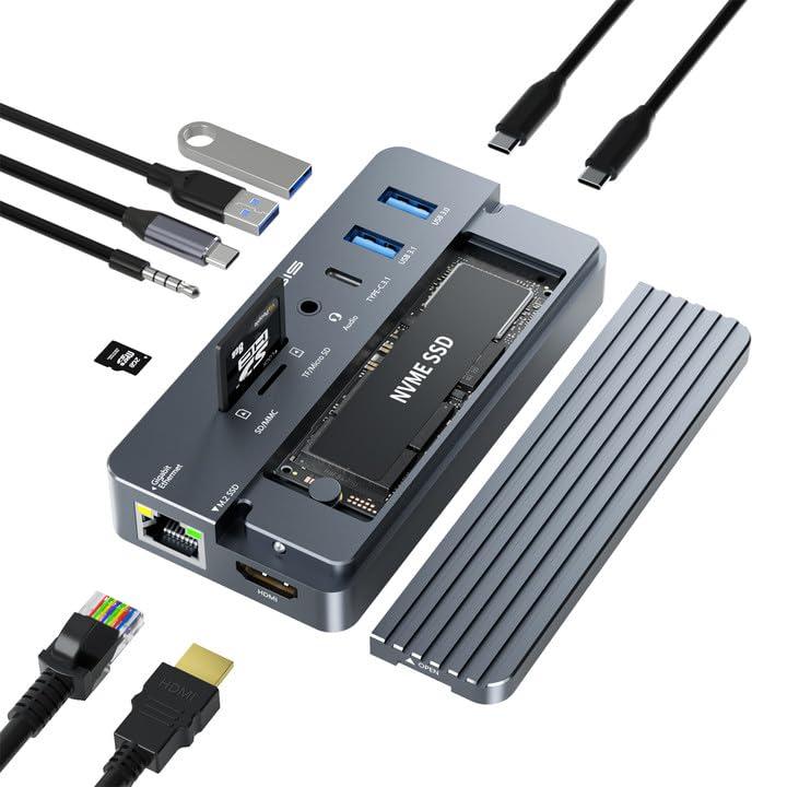 Acasis USB Cハブ 10イン1ハブ ハードドライブエンクロージャ付き M.2 SSD 4K HDMI 100W PD対応 MacBook Pro (Air) iPad Pro XPS Spectre Galaxy Note 10などに対応 (グ