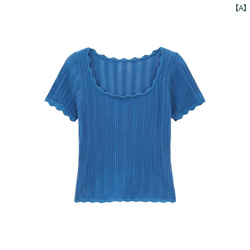 涼しい トップス レディース 女性用 ブルー ストレート ショルダー 半袖 Tシャツ 2025夏 ホット スタイル ユニークで 美しい 小柄な 人向け ショート トップス