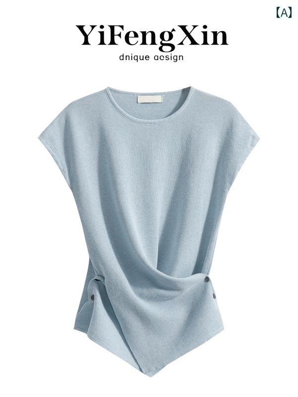 ベーシック トップス レディース 2025夏 レディース ブルー小 フライング スリーブ 冷感 ニット 半袖 Tシャツ 不規則な スリム ウエスト トップ