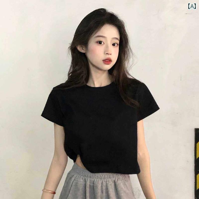 ベーシック トップス レディース 2025夏の カジュアル シンプル ブラック 半袖 Tシャツ レディース ショート ストレート ショルダー 無地 トップス