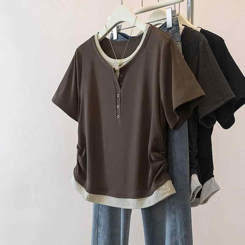 トップス レディース 大きいサイズ カットソー 半袖 Tシャツ ブラウン系 無地 体型カバー ゆったり 着痩せ 体系カバー プラスサイズ お腹周り 二の腕カバー 不規則 切り替え ウエストマーク 綿混 素材 普段使い 通勤用 カジュアル シンプル 高級感
