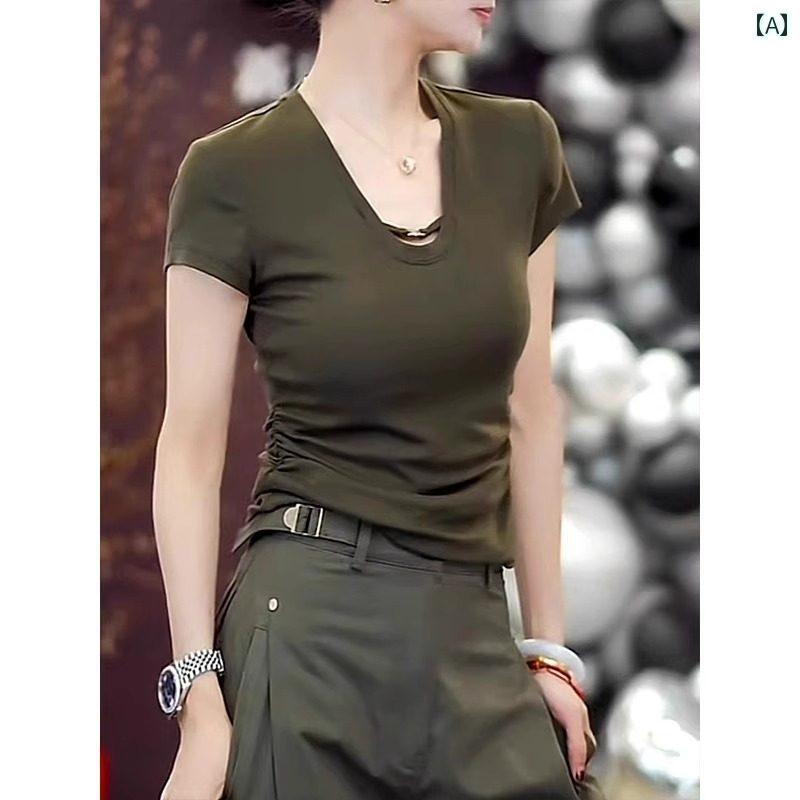 ベーシック トップス レディース リヨセル U ネック 半袖 Tシャツ 夏用 レディース 新 スタイル 高級 グリーン スリムフィット ストレート ショルダー トップ