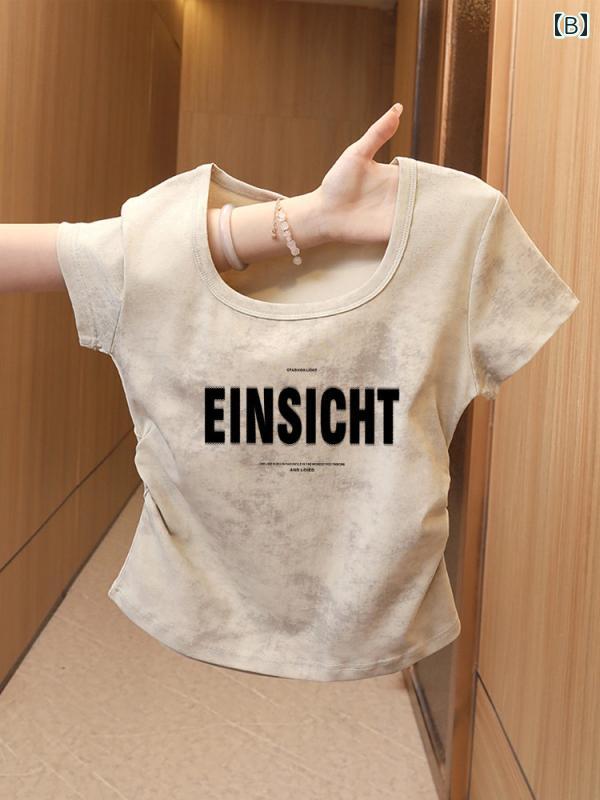 ベーシック トップス レディース スクエアネック サイド プリーツ ウエスト スリミング イレギュラー ショート トップを 備えた 夏の ショルダー タイ ダイ 半袖 Tシャツ。