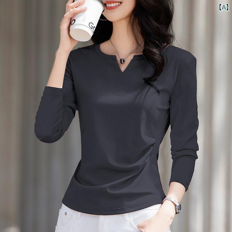 ベーシック トップス レディース センス小 Vネック 無地 長袖 Tシャツ レディース 服 2025 春 プリーツ スリム レイヤリング シャツ トップス