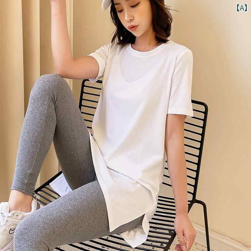 かわいい レディース ロンT 2025夏用の ストレート ショルダーの 半袖 ミドル 丈 Tシャツ。 ゆったり コットン 素材 白い ラウンドネック お 尻を 覆う スリット入り 。