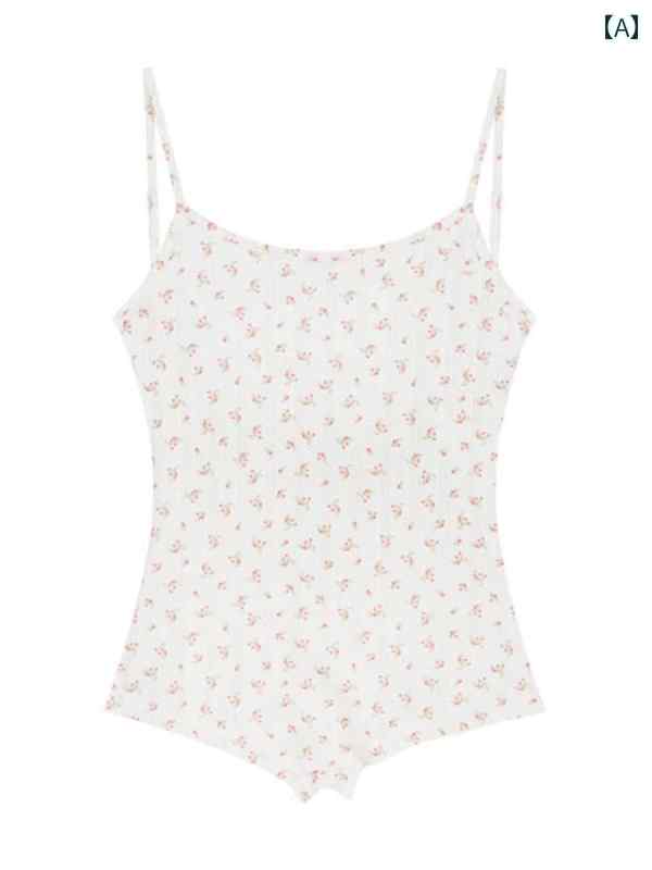 レース キャミソール トップス 夏用 鎖骨 露出 セクシー パジャマ 背中に 胸 パッド 付き ジャンプスーツ サスペンダー ショーツ 小 花柄 ストラップ ホーム