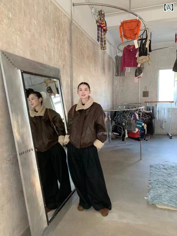 レディース ライダース 今季 Urr ラムスキン スプライシング レザージャケット レディース 秋冬 レトロ モーター サイクル ジャケット レザー ファー ワンピース トップ コート