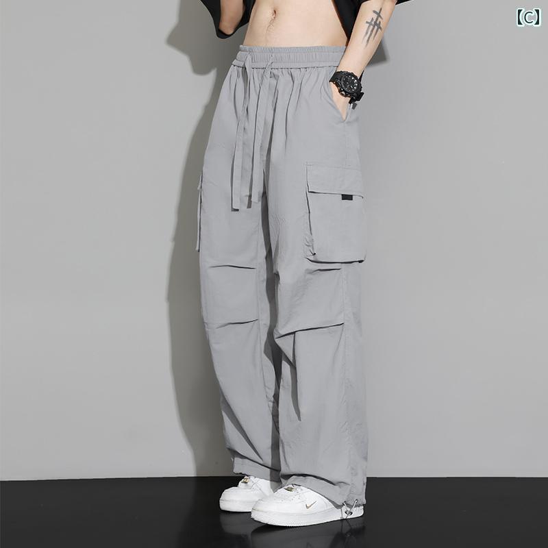 メンズ　ズボン　カジュアルパンツ 速乾 冷感 機能性 オーバー オール メンズ 夏 薄手 ゆったり ストレート スポーツ パンツ ワイド レッグ カジュアル