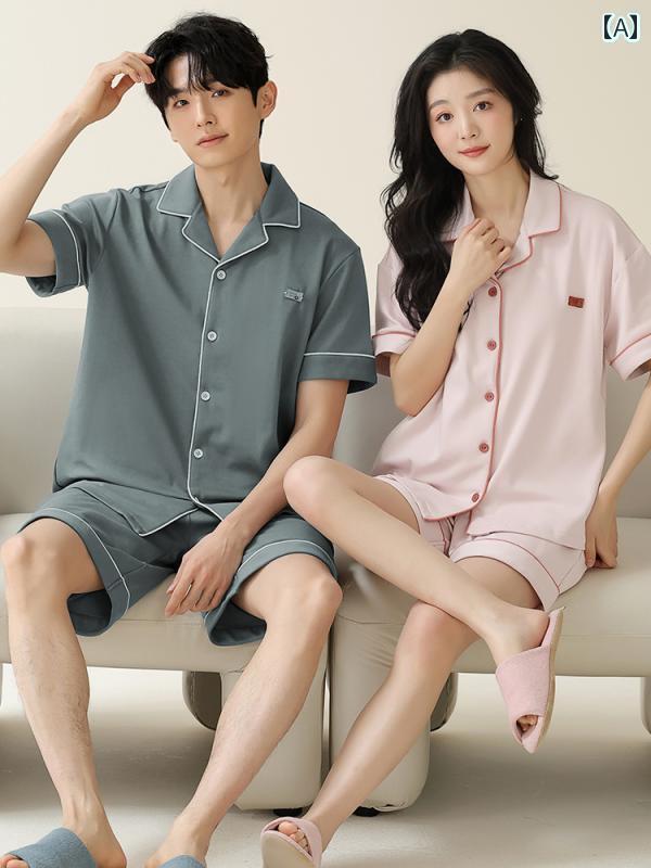 レディース　半袖　ショート Langsha パジャマ カップル ウェア 夏 綿 半袖 ショート パンツ メンズ 薄..