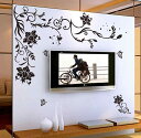 umely ウォールステッカー 壁紙 シール 花 シンプル 黒 ガラス 蝶々 インテリア 装飾 剝せる 90x60 (花)(3)