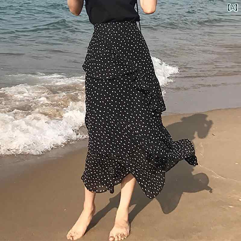 パンツドレス レディース 不規則な 花柄 スカート ミドル 丈 ハイウエスト 黒の 薄手 シフォン aライン ケーキ 柄 ドット レディース ロング