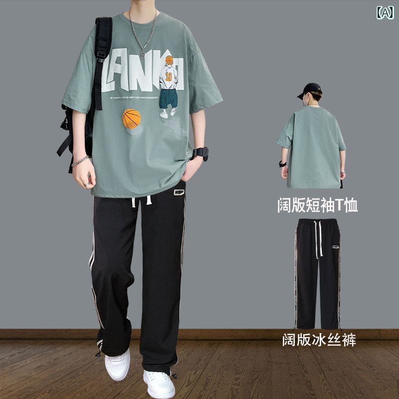 メンズ おしゃれ スウェット セット 綿の 半袖 Tシャツ スーツ メンズ 夏 スタイル プリント 大きいサイズ 高校生 マッチング