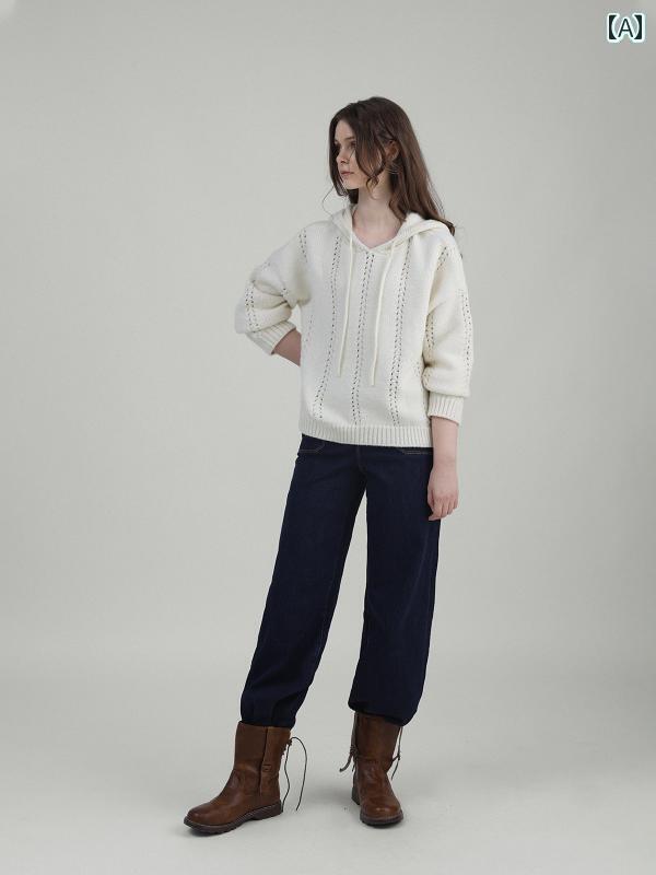 レディース ニット セーター クラシックウールで編まれたふんわりとしたドロップショルダーのホローフラワー付きパーカー風の柔らかいセータートップス