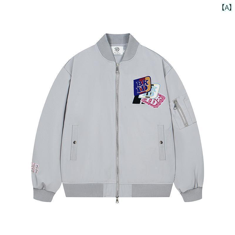 メンズ レディース 刺繍 FOCKのアメリカ風のレトロ刺繍とで留めるゆったりとしたフライトジャケット。男女兼用で春や秋に最適。