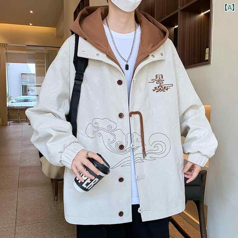 メンズ レディース 刺繍 メンズ春と秋に活躍する中国風の刺繍入りジャケット。このジャケットは2つフェイクのレイヤードでフード付きの外套です。このアイテムはカジュアルトップスや唐装の上着としても着用できます。