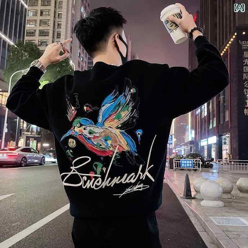 メンズ レディース 刺繍 男性向け2025春秋アメリカン丸首長袖Tシャツです。刺繍が施カッコいいで冬季には裏地がフリースになっています。