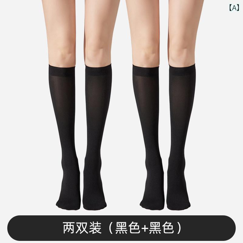靴下 レディース ロング丈 ニーハイソックス 圧着ソックス 美脚 着痩せ 細見え 体系カバー プラスサイズ ゆったり お腹周り 二の腕カバー 体型カバー 黒 ブラック 無地 ベルベット素材 伸縮性 薄手 通気性 柔らかい 快適 春秋用 カジュアルスタイル