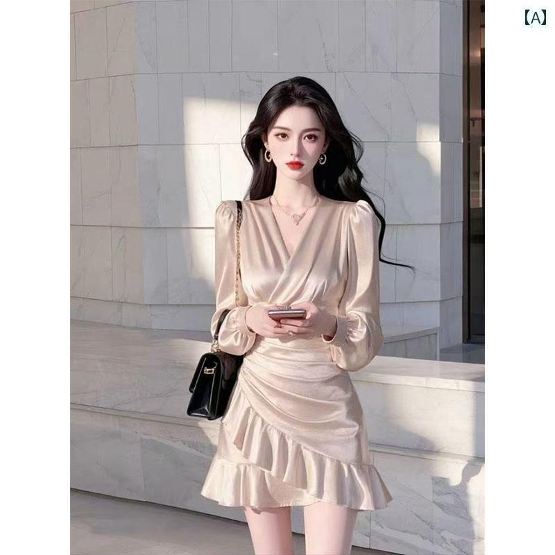 レディース ドレス おしゃれ 2025春の高級感と気品があるウエストを引き締めるロングスリーブワンピー..