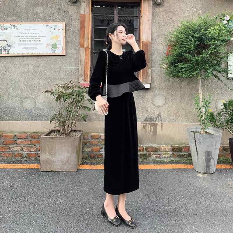 レディース ドレス おしゃれ 2025春の高級感溢れるウエストマークでスタイルアップシックサテン裏地のスリット入りベルベットのワンピースセットアップ女性用。