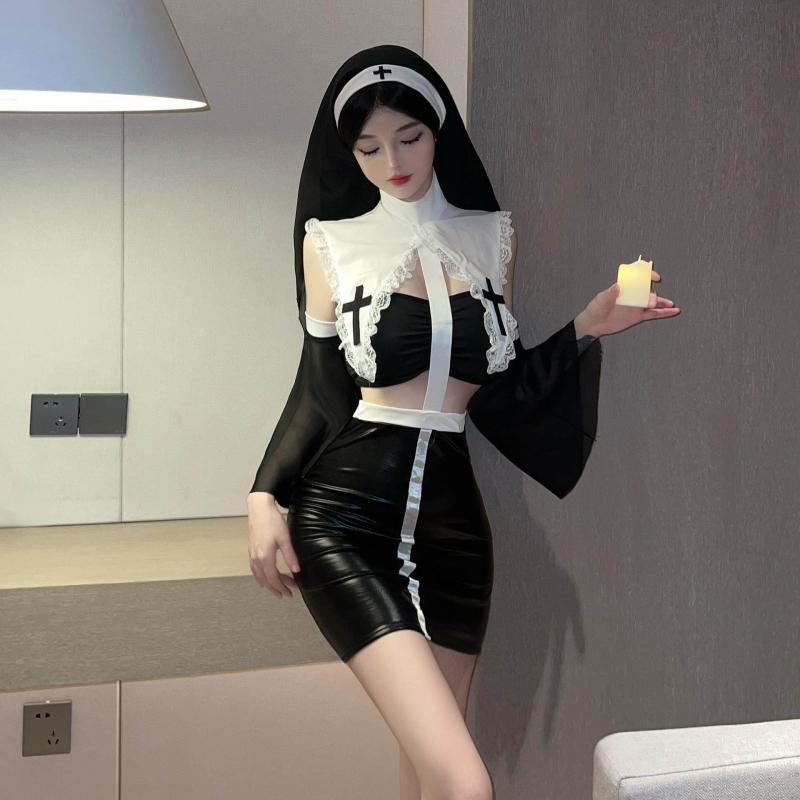 ワンピース レディース コスプレ 修道女服 セクシー ハロウィン 仮装 衣装 シスター服 チャイナドレス風 メイド服 体型カバー ゆったり 着痩せ 舞台衣装 イベント 撮影用 ドレス 紐付き エレガント 膝丈 切り替えデザイン 高級感ある生地 演出用 可